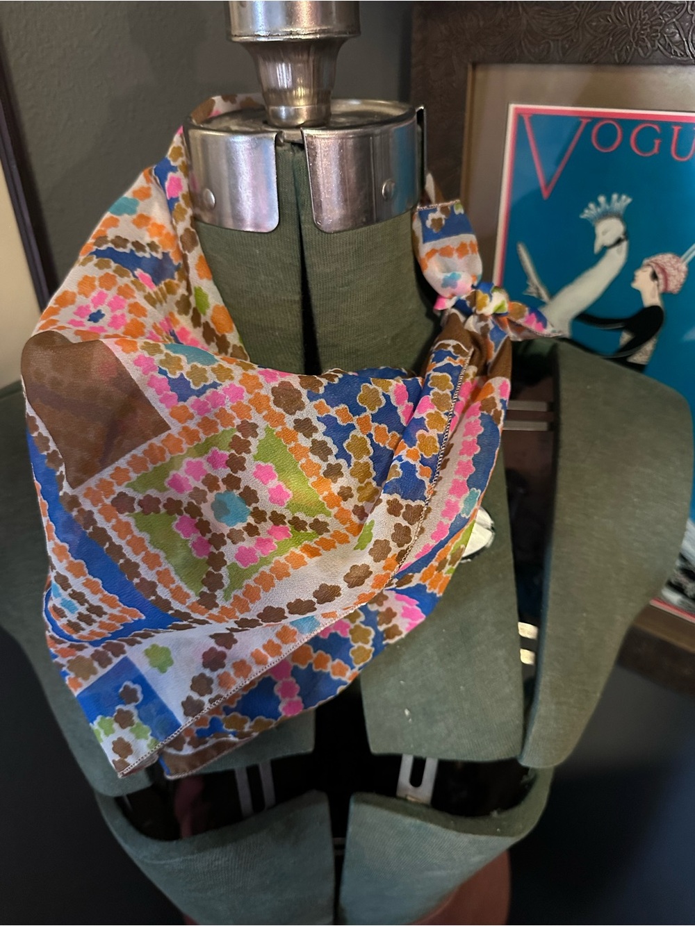 Vintage Floral Geometric Print Scarf - Pink & Blue